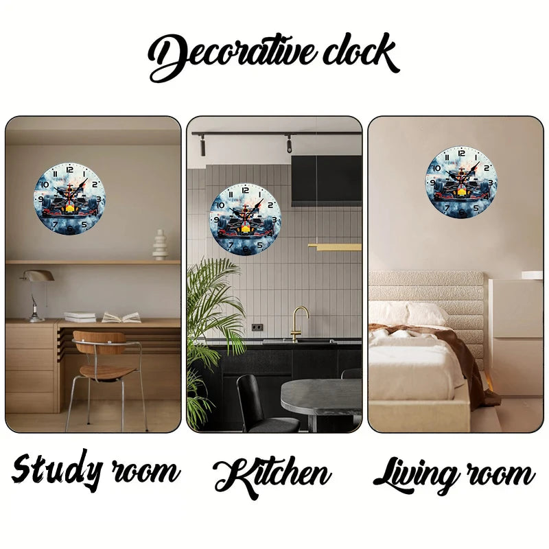 Racing Theme Silent Wall Clock — Wooden Round Room Decor