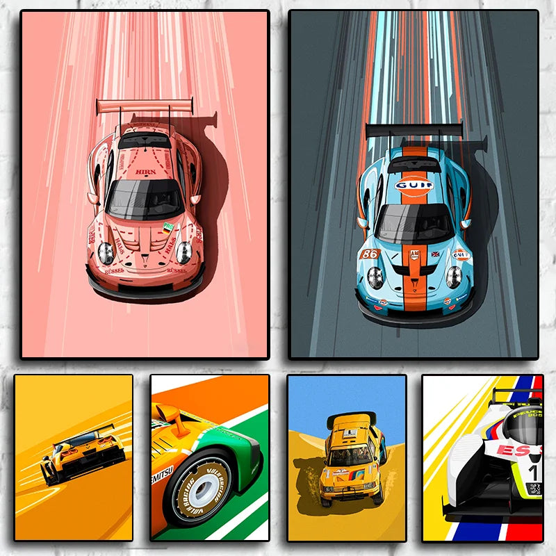 Cartoon Racing Car Canvas Poster — Motorsport Wall Art for Boys & Teens