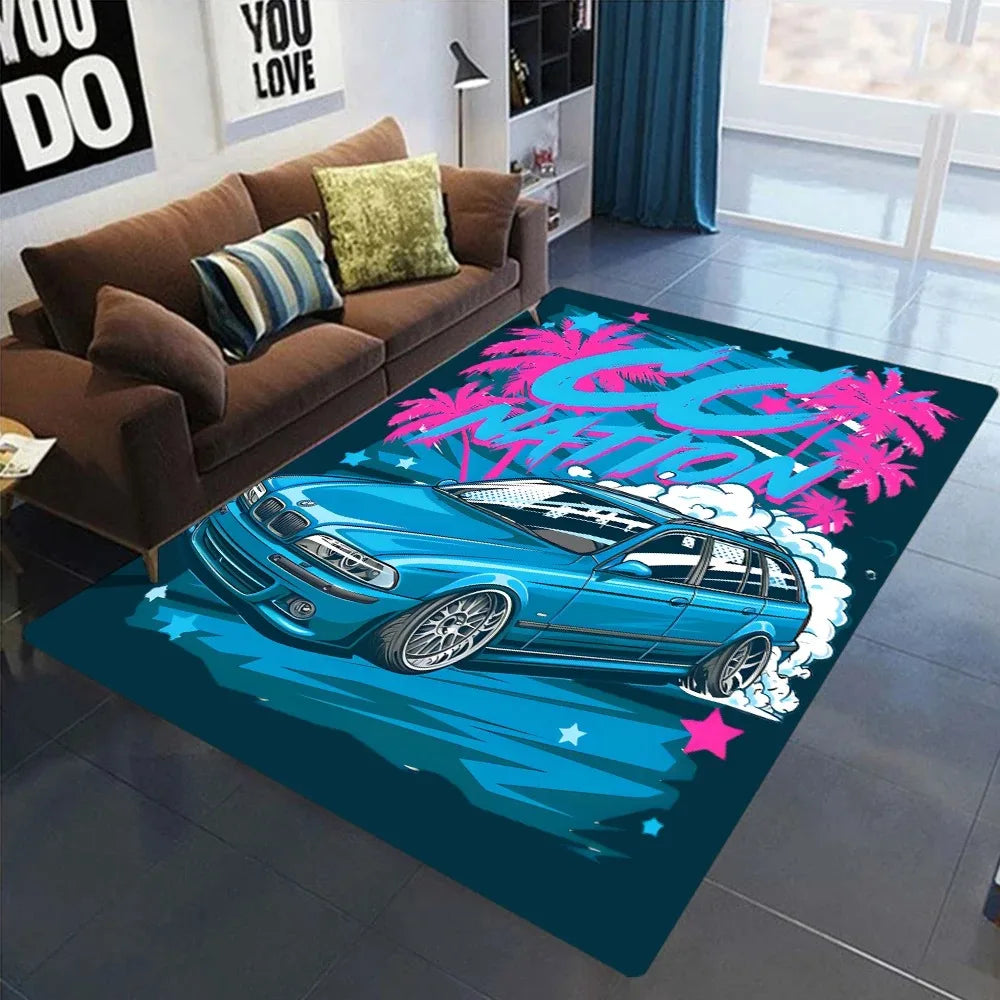 Racing Car Pattern Rug — Non-Slip Bedroom & Living Room Mat