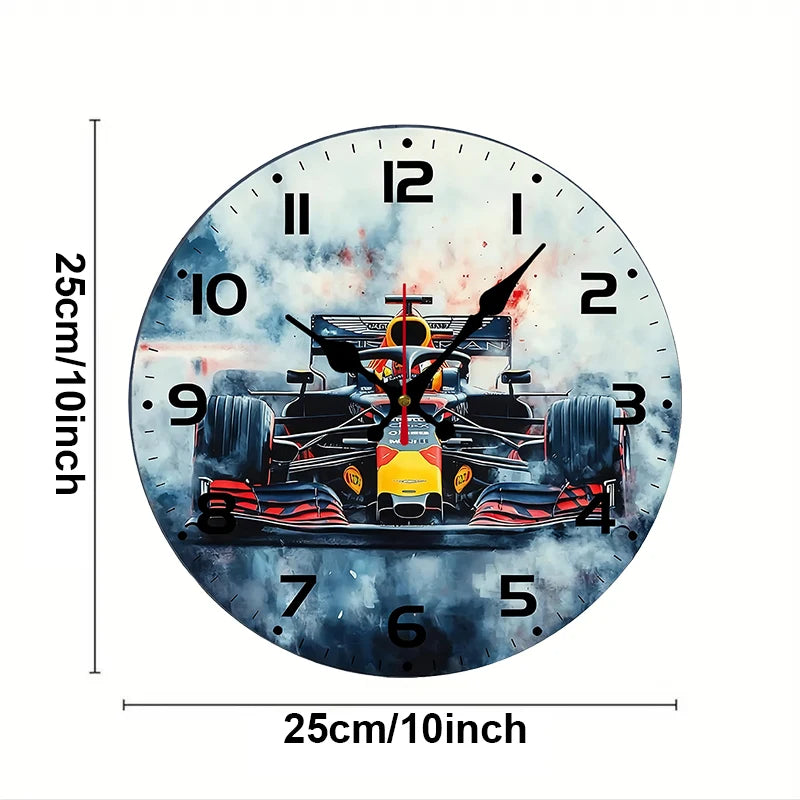 Racing Theme Silent Wall Clock — Wooden Round Room Decor