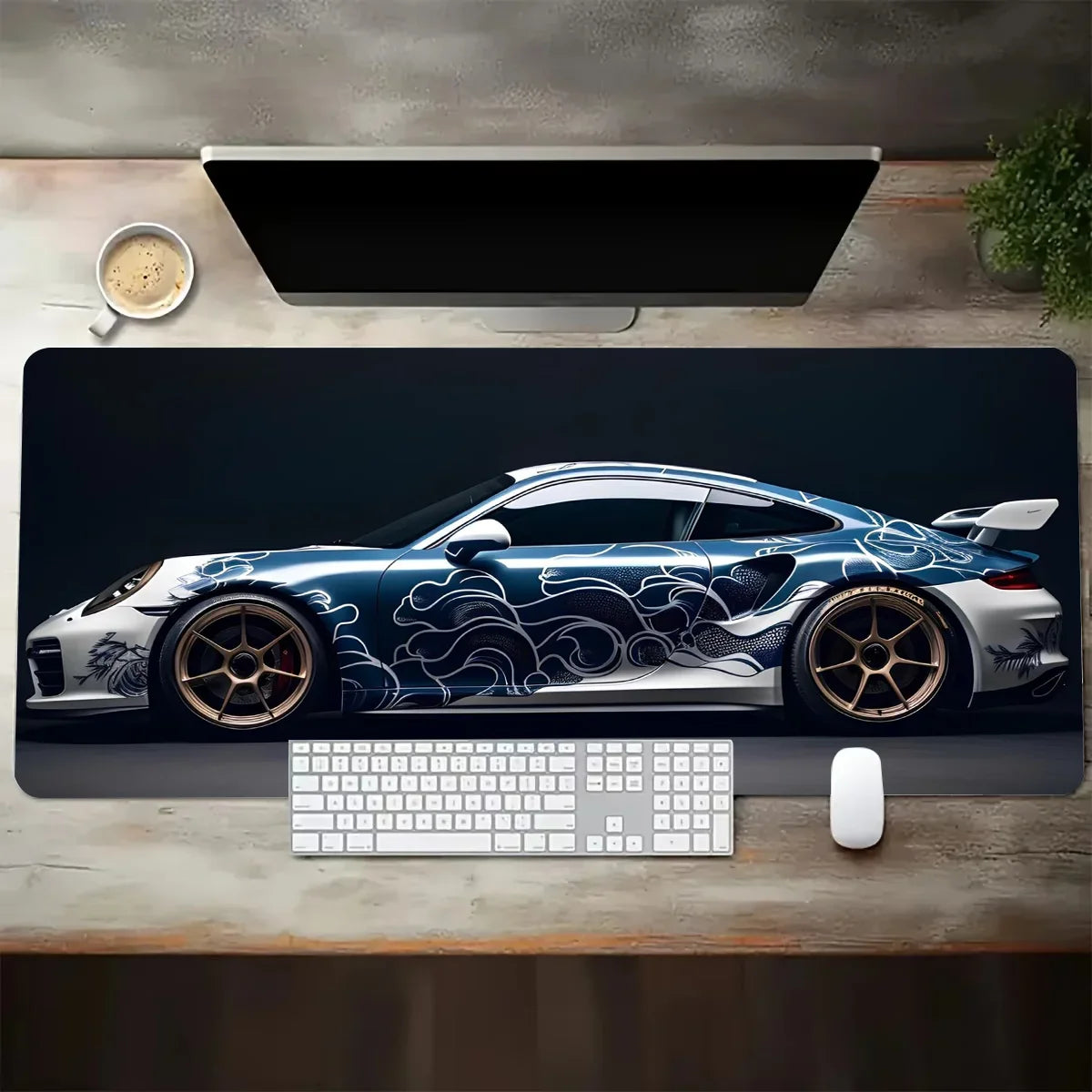White Sports Car Desk Mat — Extended Gaming Mouse Pad