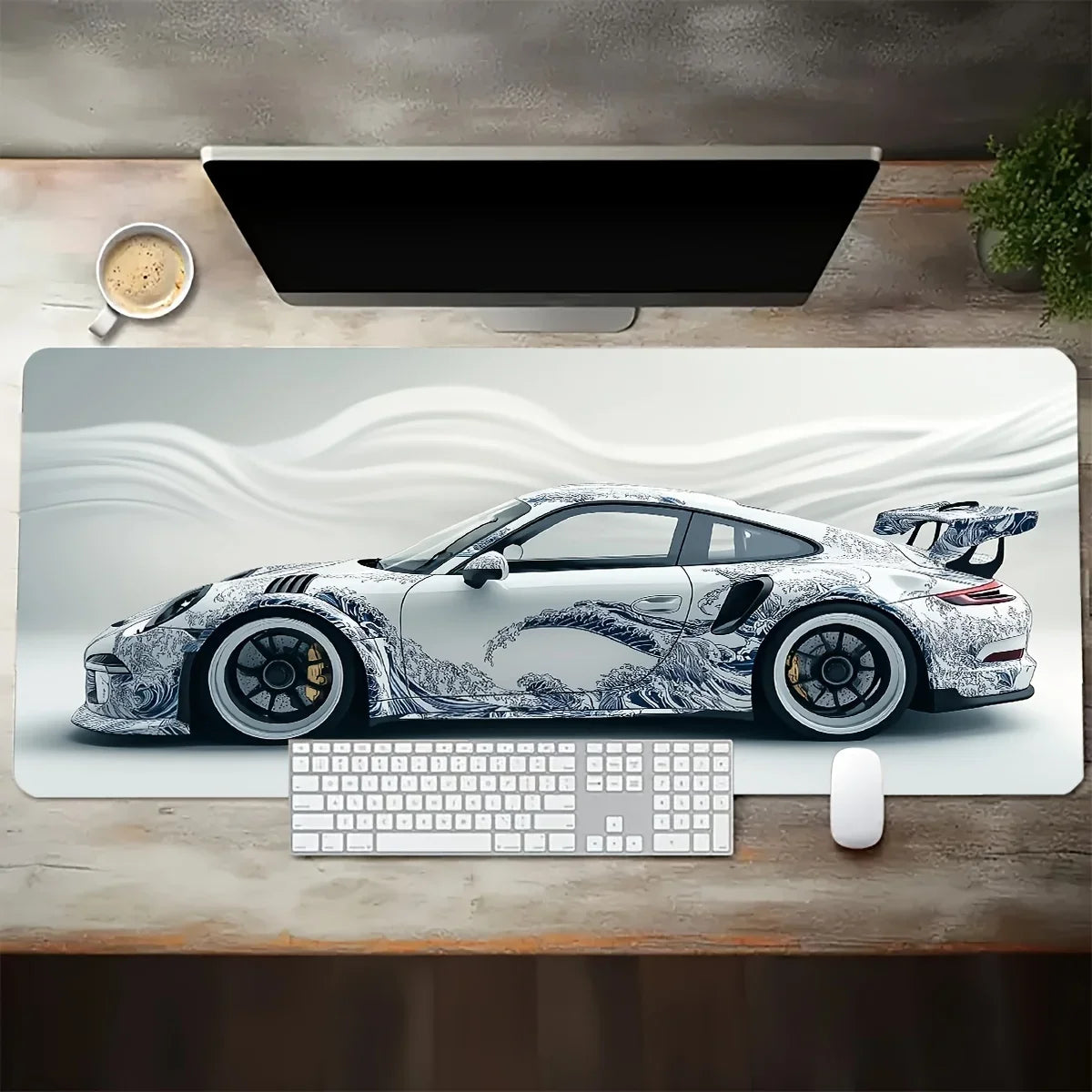 White Sports Car Extended Desk Mat — XL Gaming Mouse Pad