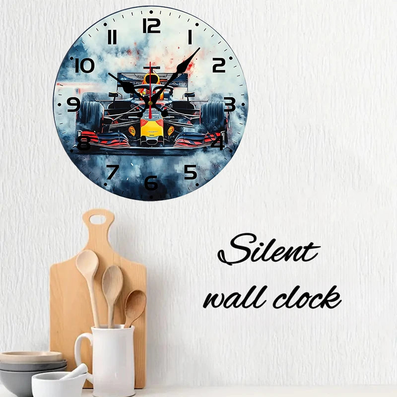 Racing Theme Silent Wall Clock — Wooden Round Room Decor
