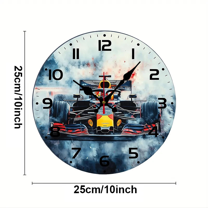 Racing Theme Silent Wall Clock — Wooden Round Room Decor