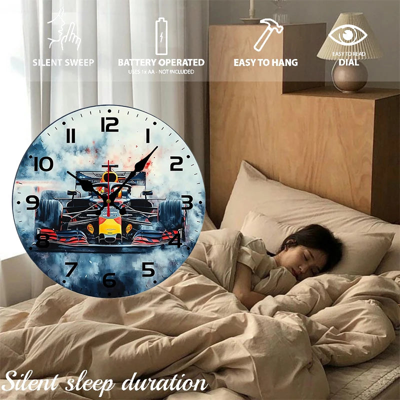 Racing Theme Silent Wall Clock — Wooden Round Room Decor