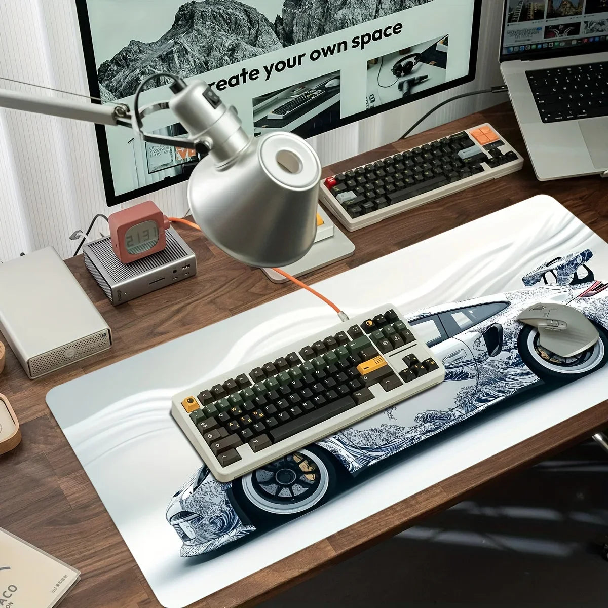 White Sports Car Extended Desk Mat — XL Gaming Mouse Pad