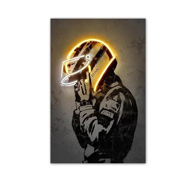 Racing Helmet Neon Canvas Poster — Abstract Motorsport Wall Art