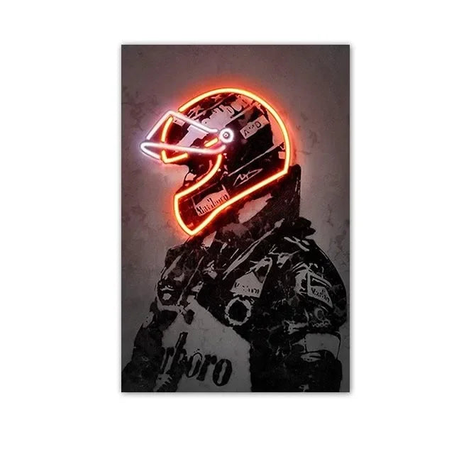 Racing Helmet Neon Canvas Poster — Abstract Motorsport Wall Art