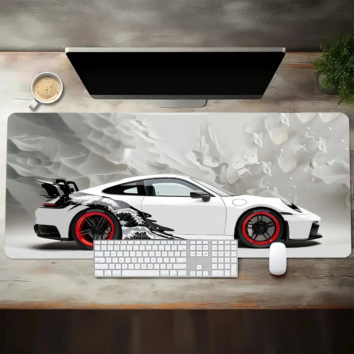 White Sports Car Extended Desk Mat — XL Gaming Mouse Pad