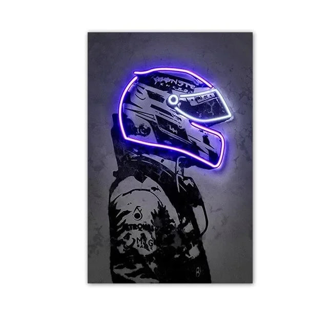 Racing Helmet Neon Canvas Poster — Abstract Motorsport Wall Art