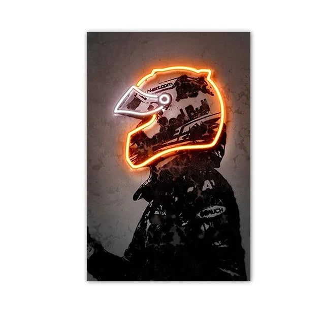 Racing Helmet Neon Canvas Poster — Abstract Motorsport Wall Art