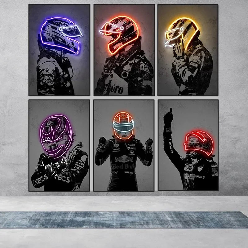 Racing Helmet Neon Canvas Poster — Abstract Motorsport Wall Art