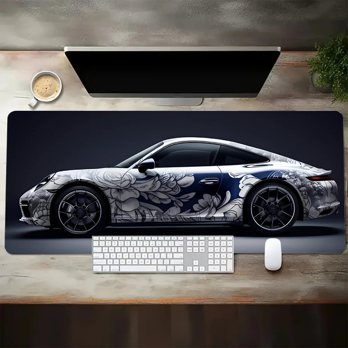 White Sports Car Desk Mat — Extended Gaming Mouse Pad