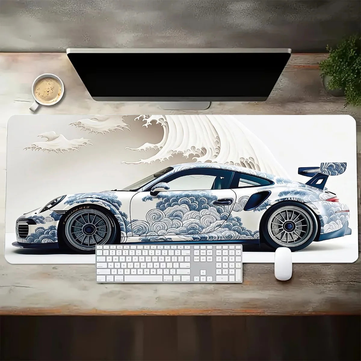 White Sports Car Extended Desk Mat — XL Gaming Mouse Pad