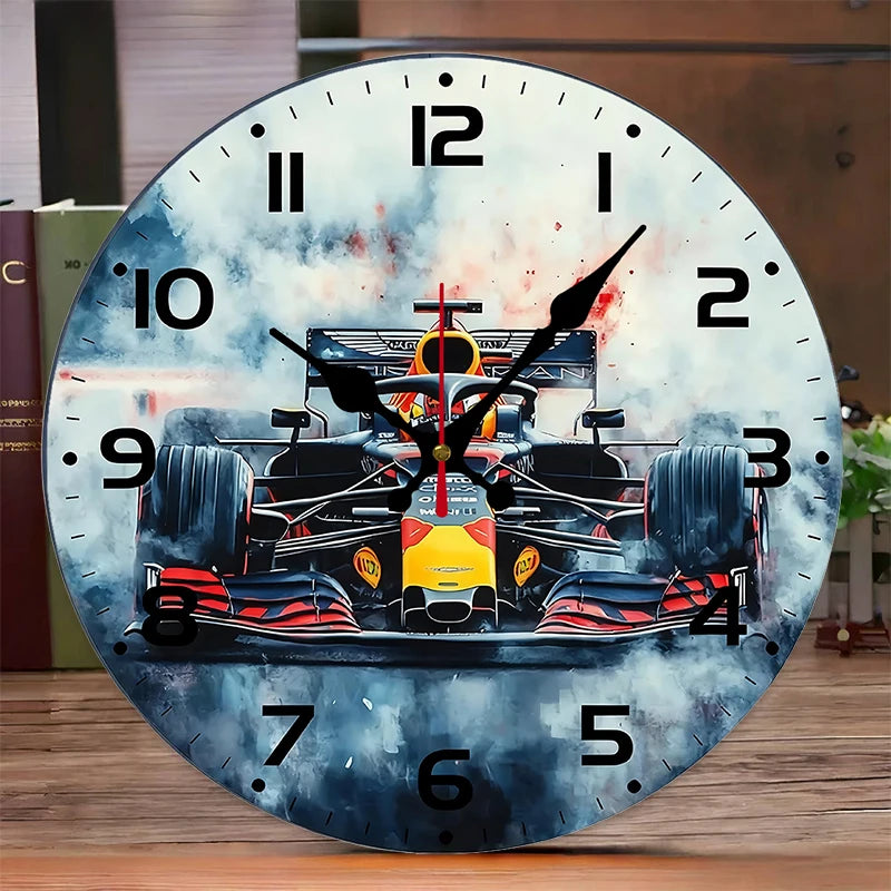 Racing Theme Silent Wall Clock — Wooden Round Room Decor
