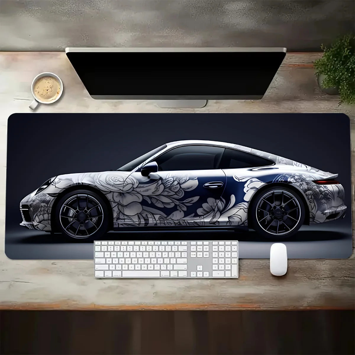 White Sports Car Extended Desk Mat — XL Gaming Mouse Pad