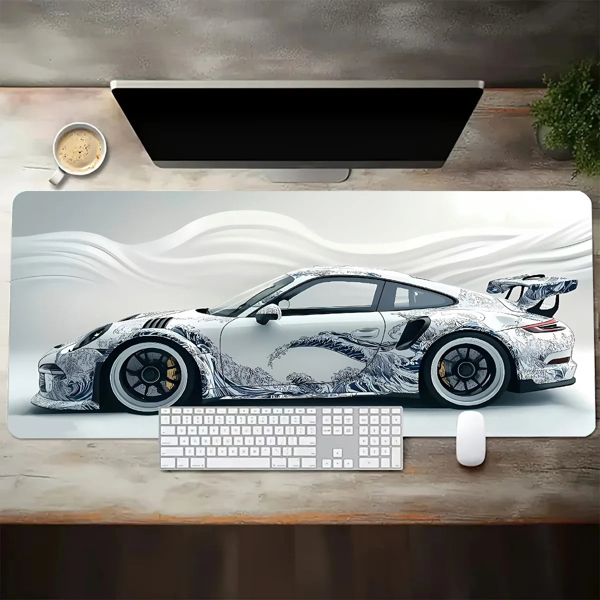 White Sports Car Extended Desk Mat — XL Gaming Mouse Pad