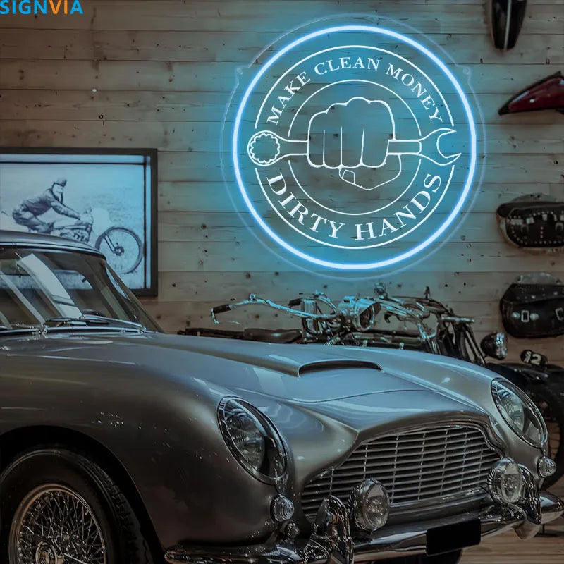 Make Money Dirty Hands Neon Sign — Garage & Auto Shop Wall Art