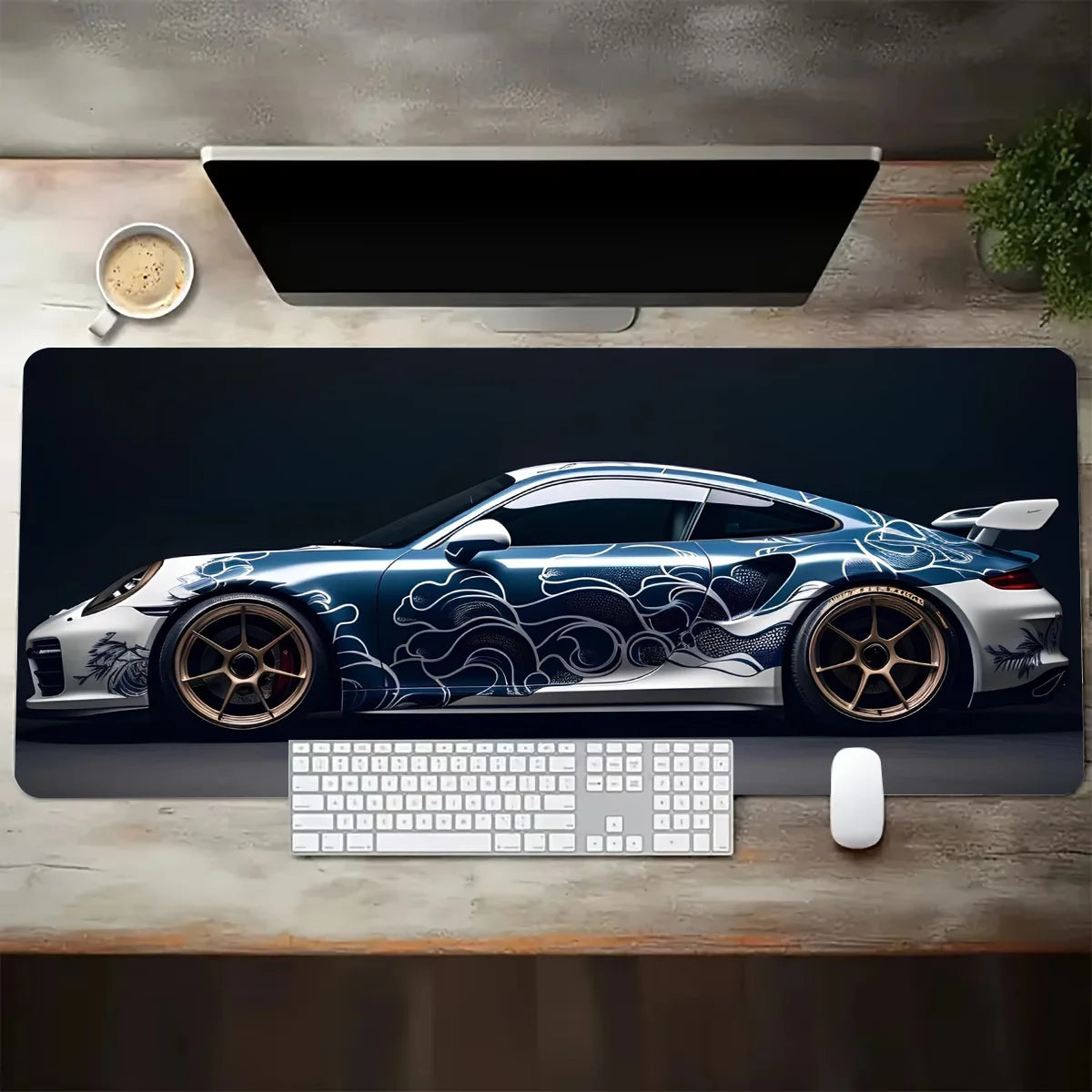 White Sports Car Extended Desk Mat — XL Gaming Mouse Pad