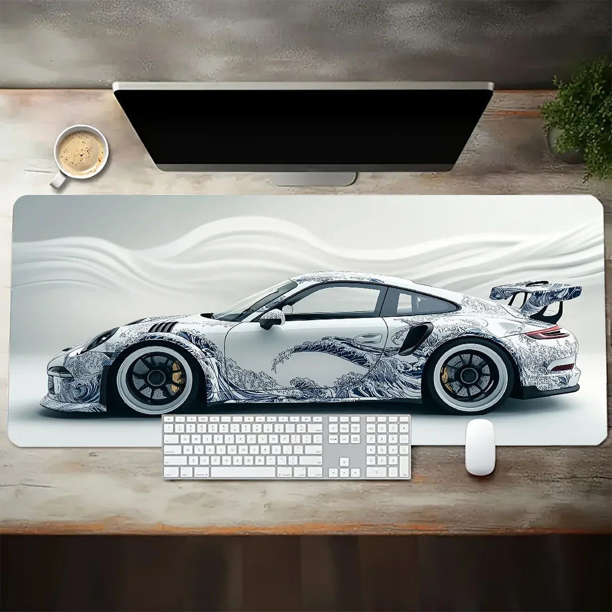 White Sports Car Desk Mat — Extended Gaming Mouse Pad