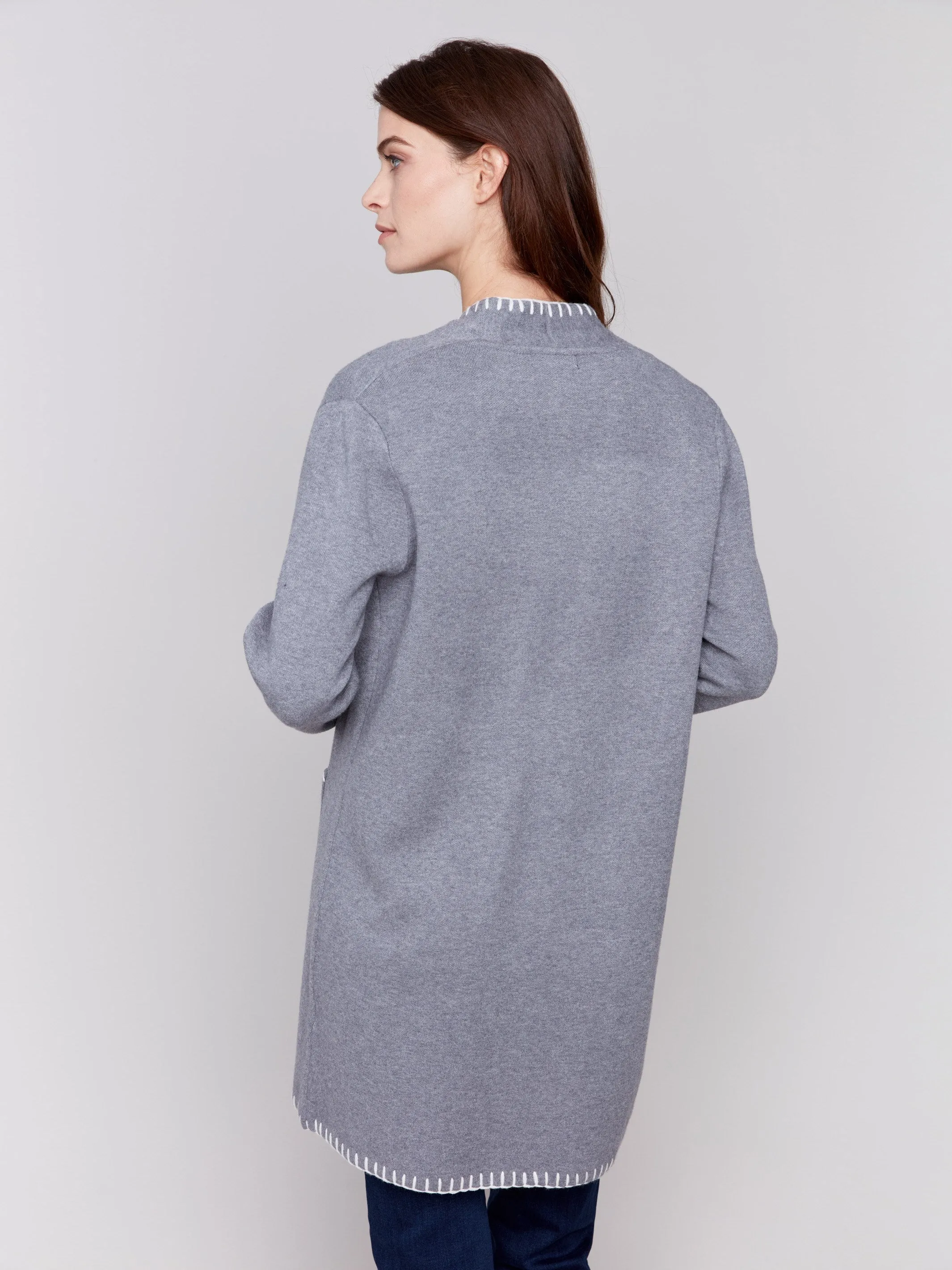 Blanket Stitch Long Cardigan - Grey