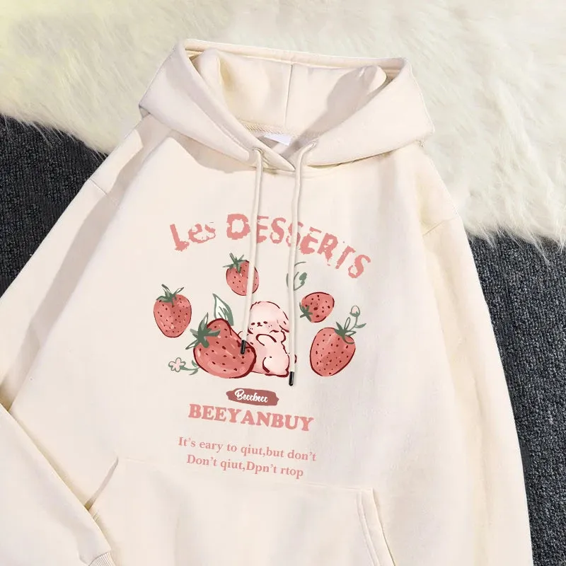 Fashion Women'S Hoodie Cute Strawberry And Rabbit Printed Sweatshirt Pocket Soft Warm Breathable Pullover Autumn Winter Hoody