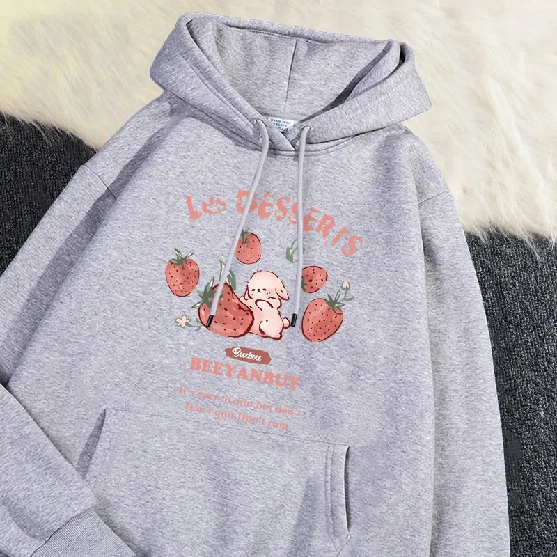 Fashion Women'S Hoodie Cute Strawberry And Rabbit Printed Sweatshirt Pocket Soft Warm Breathable Pullover Autumn Winter Hoody