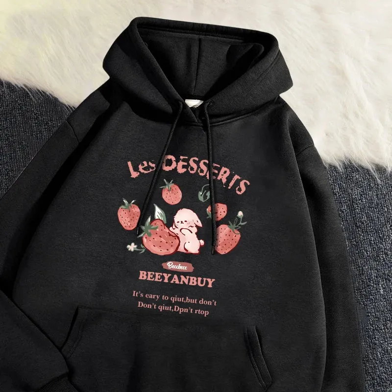 Fashion Women'S Hoodie Cute Strawberry And Rabbit Printed Sweatshirt Pocket Soft Warm Breathable Pullover Autumn Winter Hoody