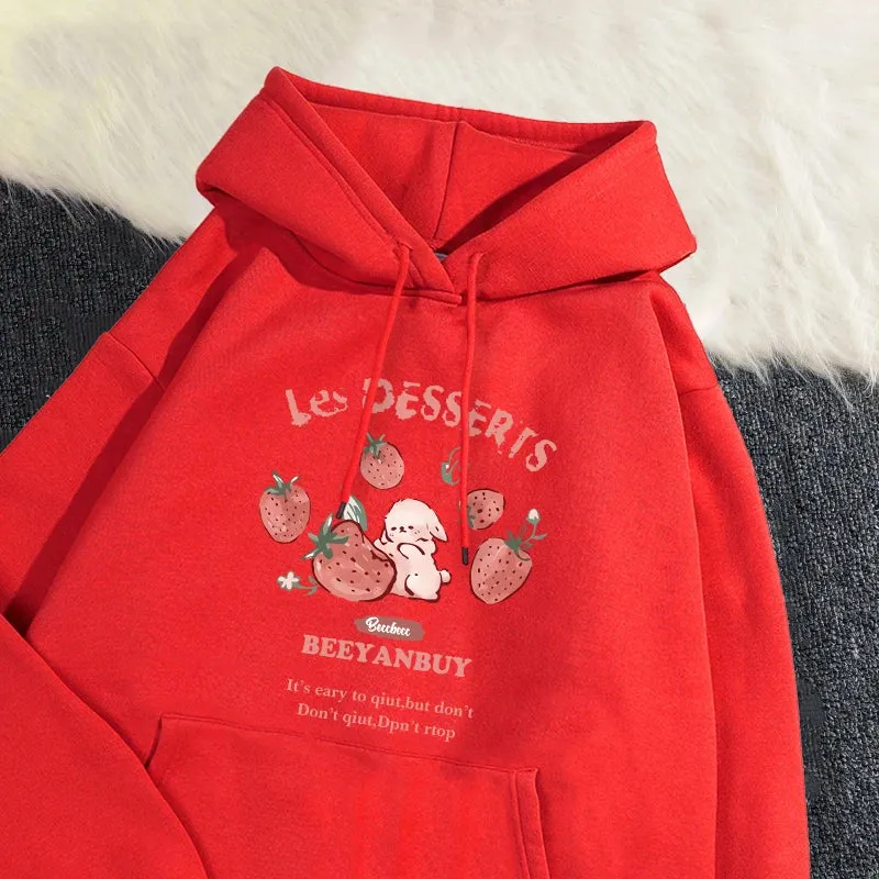 Fashion Women'S Hoodie Cute Strawberry And Rabbit Printed Sweatshirt Pocket Soft Warm Breathable Pullover Autumn Winter Hoody