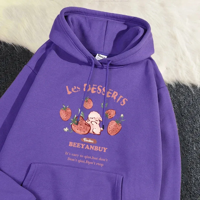 Fashion Women'S Hoodie Cute Strawberry And Rabbit Printed Sweatshirt Pocket Soft Warm Breathable Pullover Autumn Winter Hoody