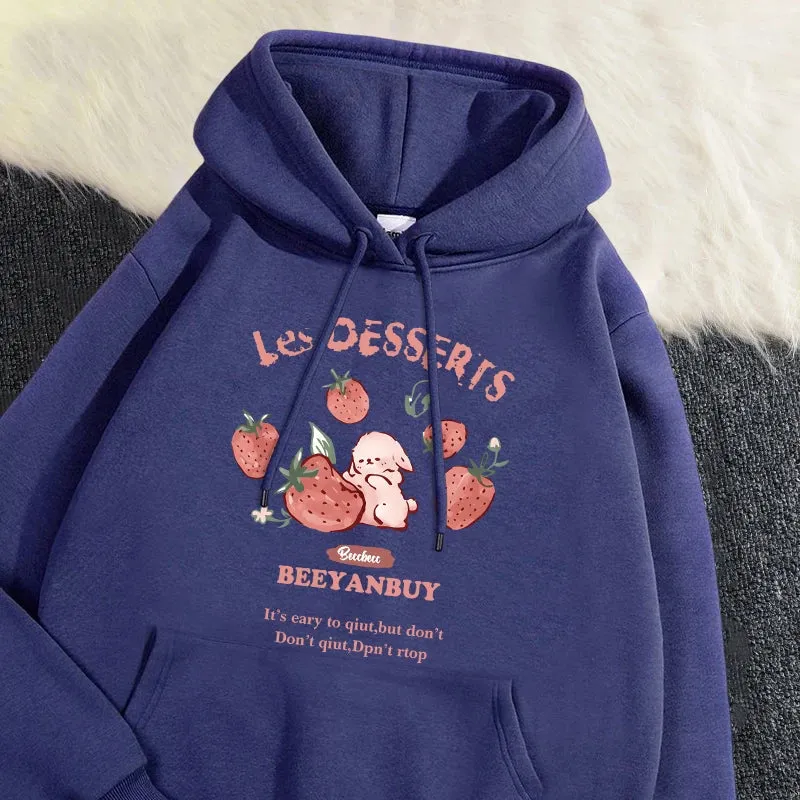 Fashion Women'S Hoodie Cute Strawberry And Rabbit Printed Sweatshirt Pocket Soft Warm Breathable Pullover Autumn Winter Hoody