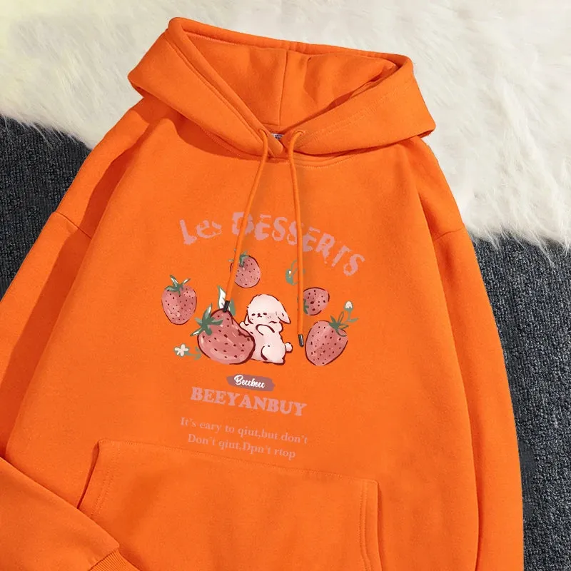 Fashion Women'S Hoodie Cute Strawberry And Rabbit Printed Sweatshirt Pocket Soft Warm Breathable Pullover Autumn Winter Hoody