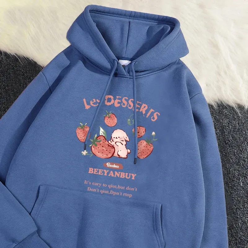 Fashion Women'S Hoodie Cute Strawberry And Rabbit Printed Sweatshirt Pocket Soft Warm Breathable Pullover Autumn Winter Hoody