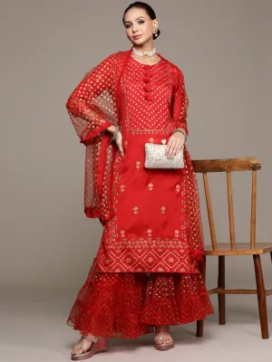 Ishin Women's Red Embellished A-Line Kurta with Sharara & Dupatta