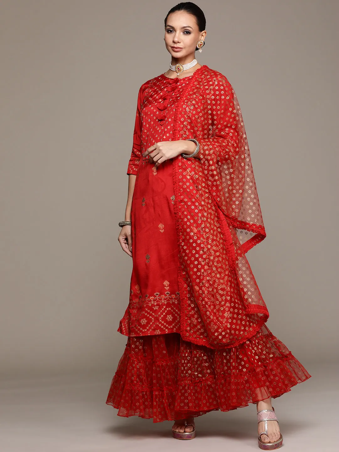 Ishin Women's Red Embellished A-Line Kurta with Sharara & Dupatta