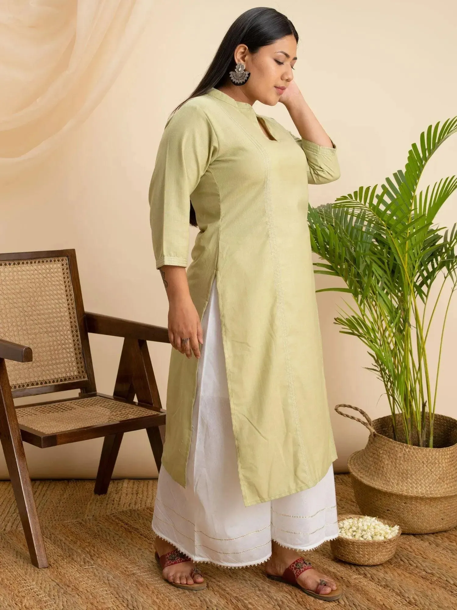 Plus Size Green Solid Cotton Kurta