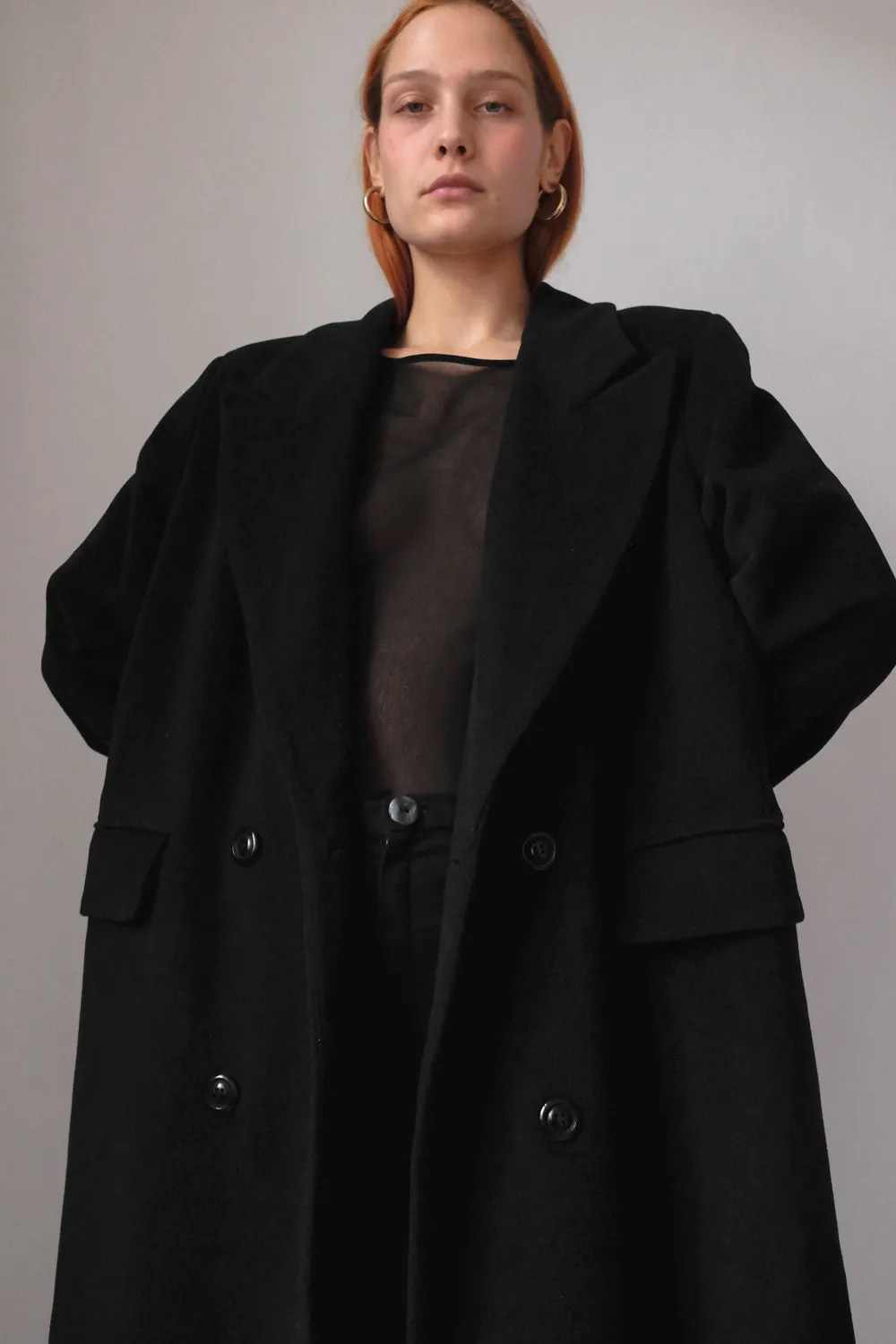 PURE CASHMERE WOOL BLACK LONG BLAZER COAT