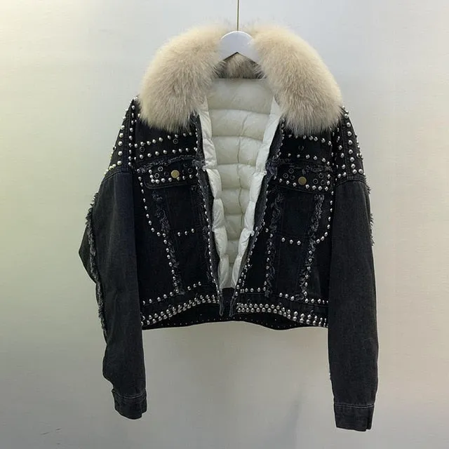 Real Fox Fur Fur 2020 New Hand Studded Rivet Denim Jacket