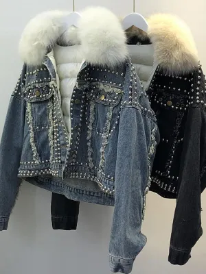 Real Fox Fur Fur 2020 New Hand Studded Rivet Denim Jacket