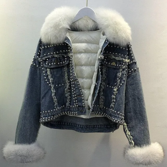 Real Fox Fur Fur 2020 New Hand Studded Rivet Denim Jacket