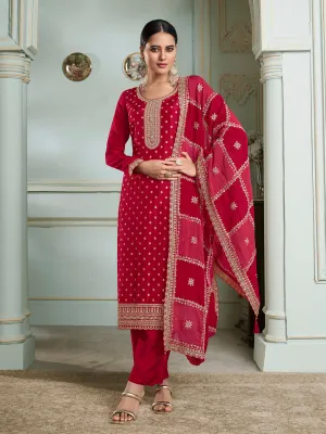 Red Dola Jacquard with Heavy Sequins Embroidery Kurta Suit set by Qivii