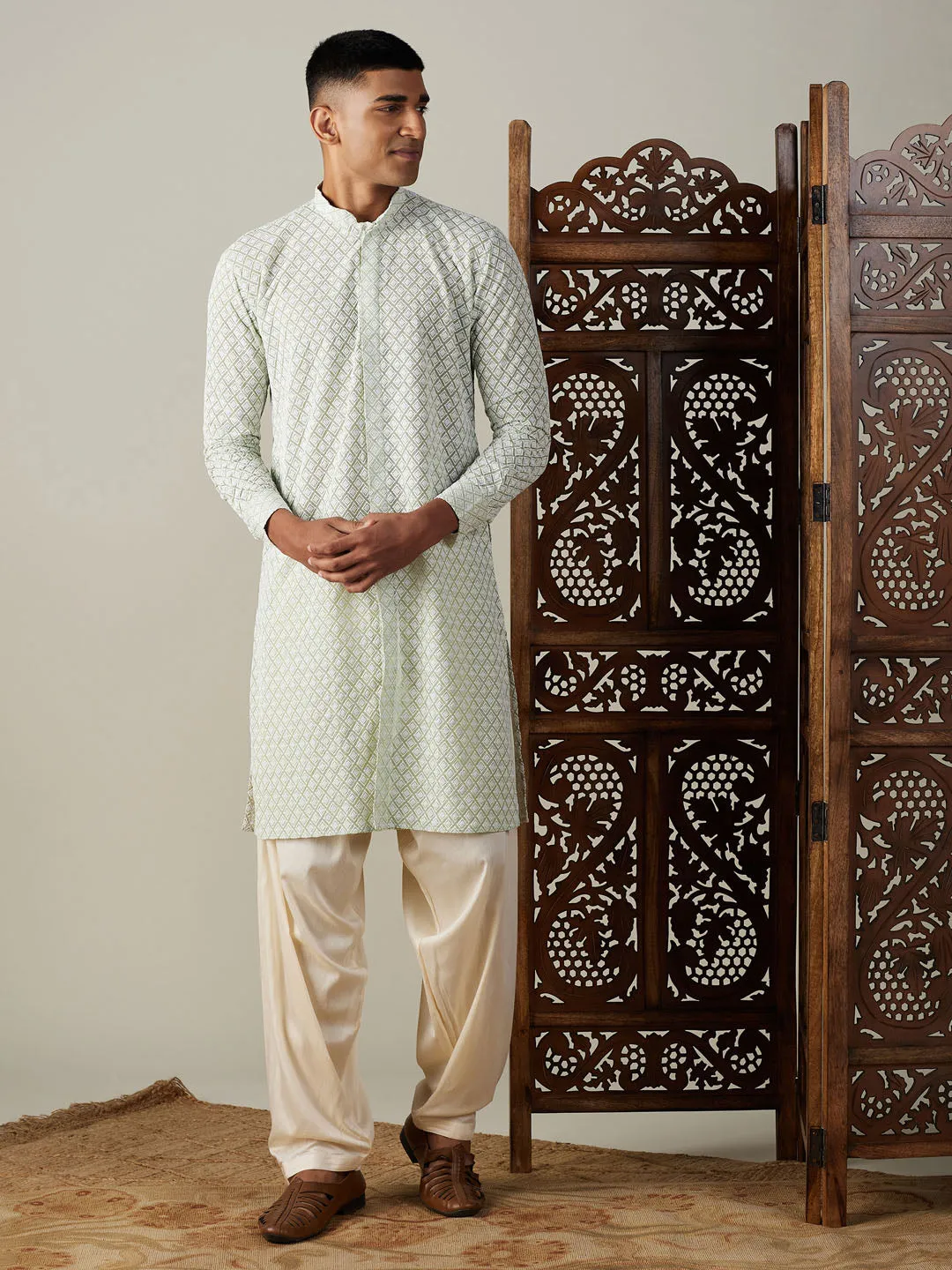 VASTRAMAY Green Chikankari Kurta Set