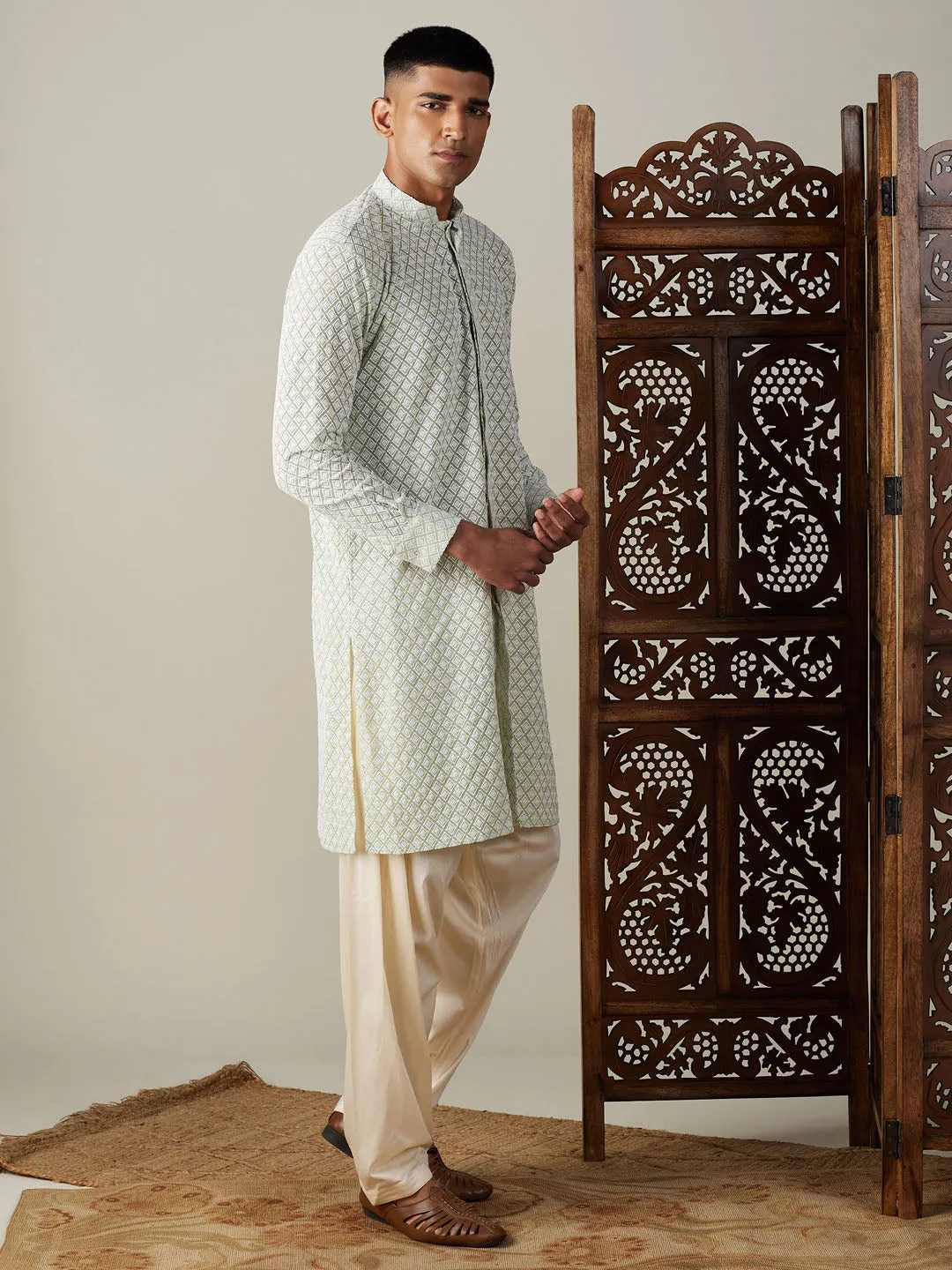 VASTRAMAY Green Chikankari Kurta Set