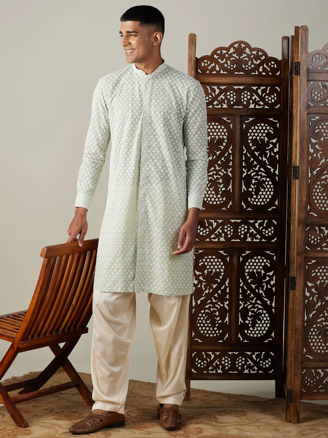 VASTRAMAY Green Chikankari Kurta Set