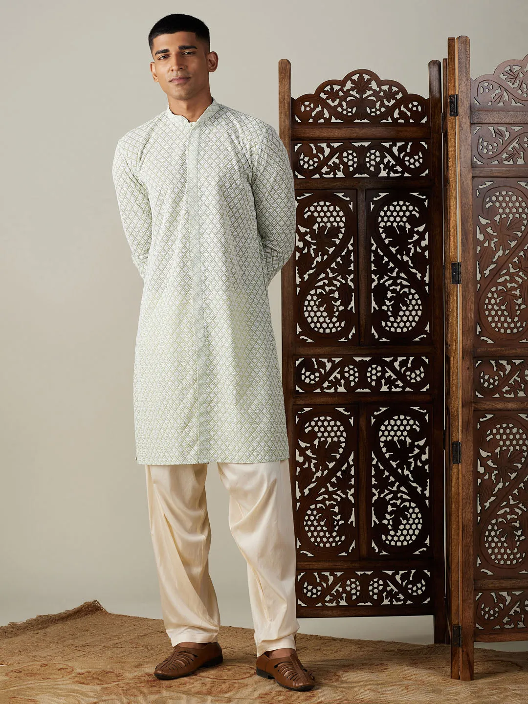 VASTRAMAY Green Chikankari Kurta Set