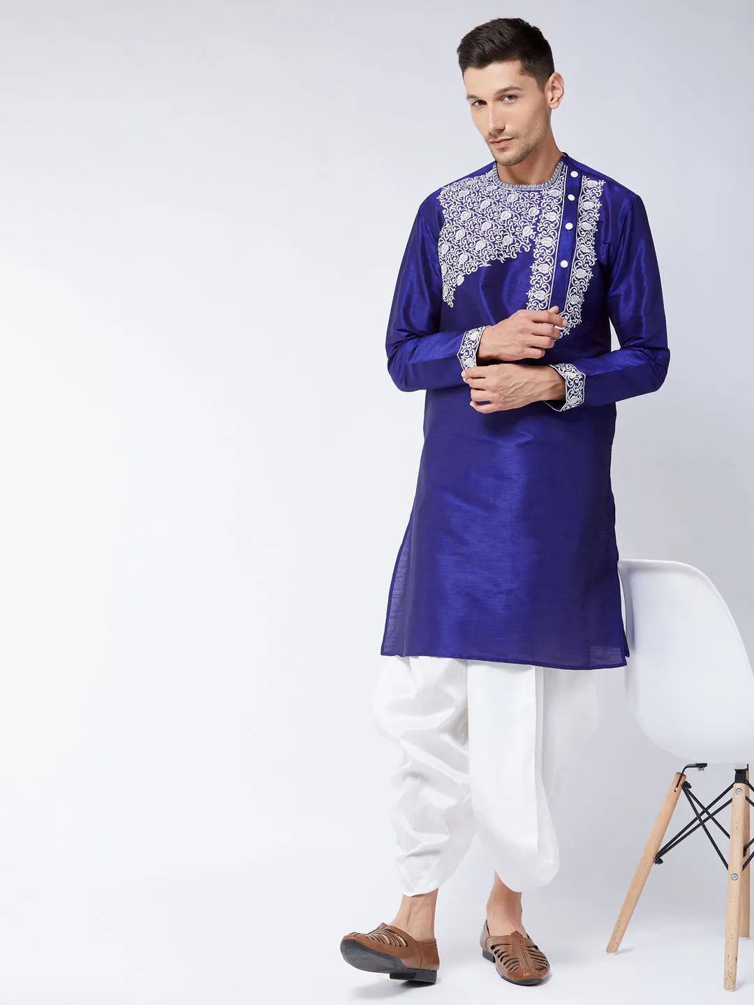 VASTRAMAY Men's Blue Silk Blend Kurta