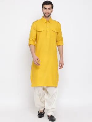 VASTRAMAY Mustard Cotton Pathani Suit Set