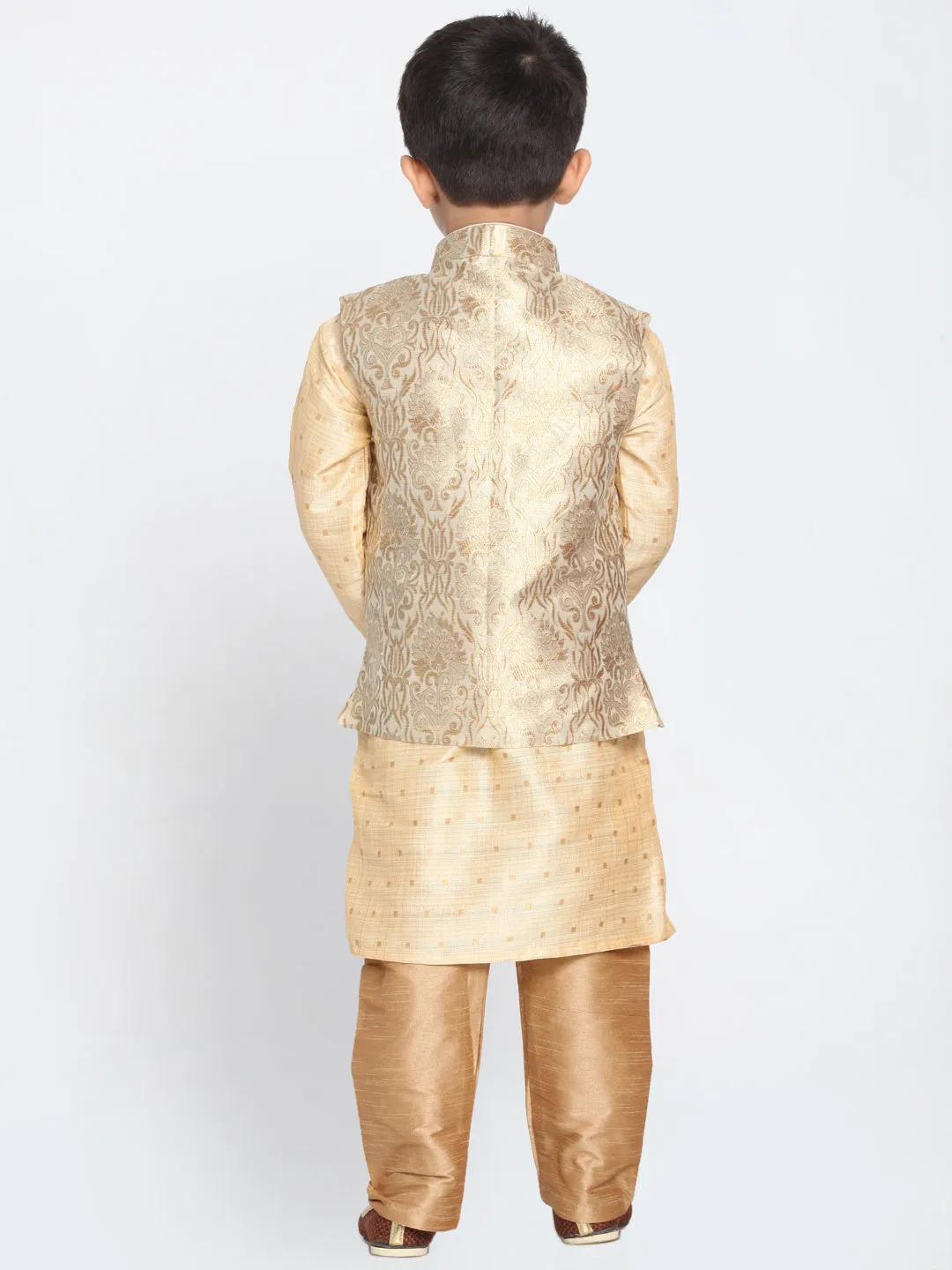 Vastramay Silk Blend Rose Gold and Gold Baap Beta Jacket Kurta Pyjama set