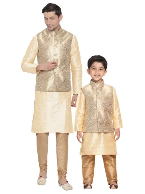 Vastramay Silk Blend Rose Gold and Gold Baap Beta Jacket Kurta Pyjama set