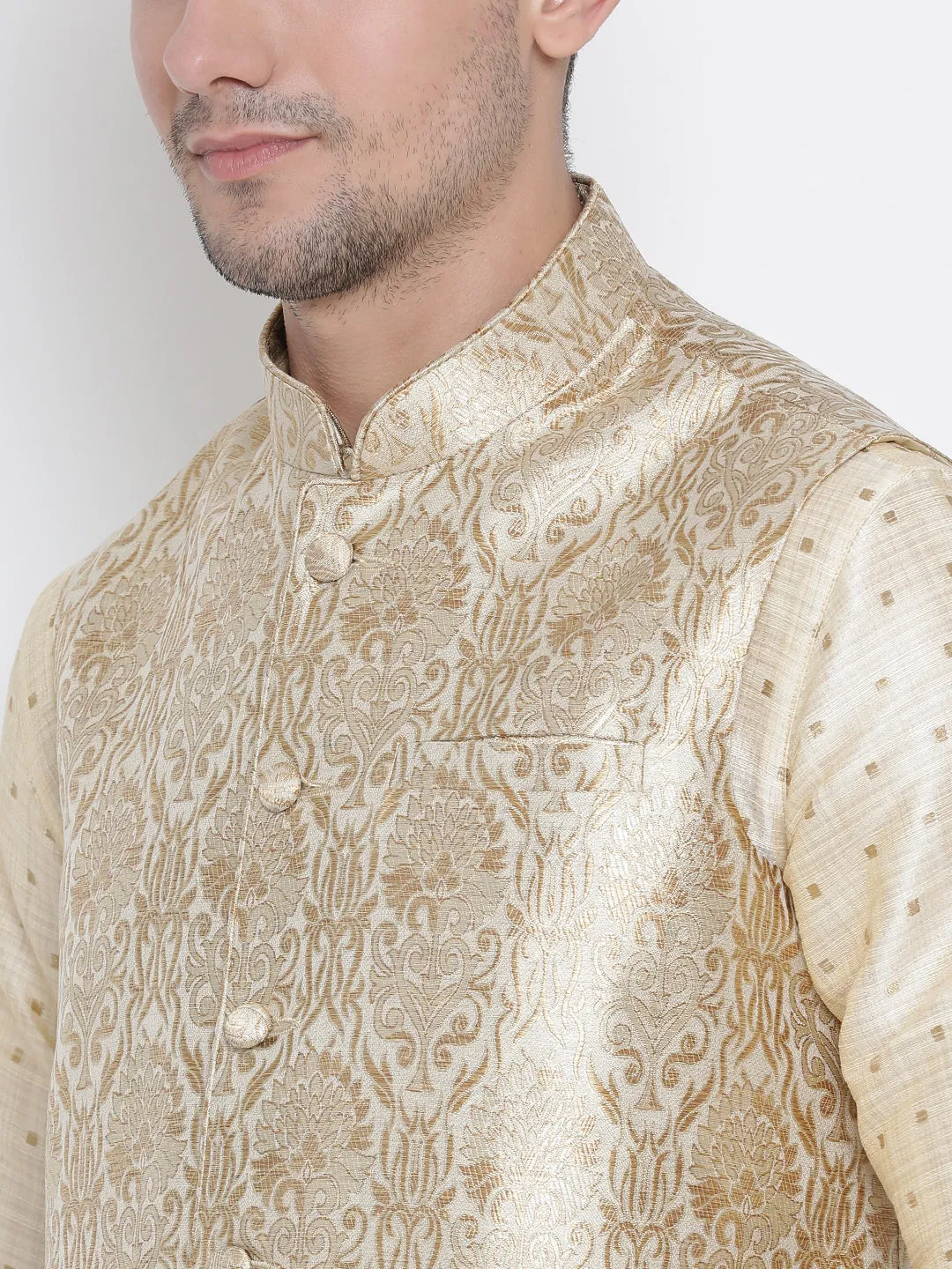 Vastramay Silk Blend Rose Gold and Gold Baap Beta Jacket Kurta Pyjama set